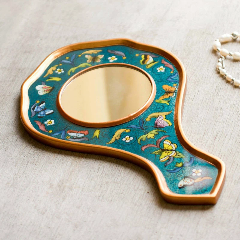 New โ๏ธ NOVICA Turquoise Blue Butterflies And Reverse Painted Glass Hand Mirror ๐งจ 2 New โ๏ธ NOVICA Turquoise Blue Butterflies And Reverse Painted Glass Hand Mirror ๐งจ - Image 2