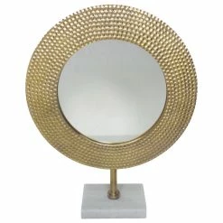 Discount 🎁 Benjara 🔨 Hammered Metal Frame Round Standing Mirror With Block Base, Large, Gold 👏