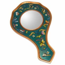 New โ๏ธ NOVICA Turquoise Blue Butterflies And Reverse Painted Glass Hand Mirror ๐งจ