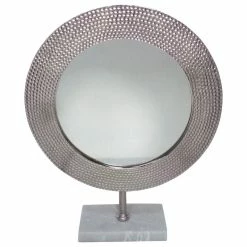 Best Sale 🌟 Benjara 🔨 Hammered Metal Frame Round Standing Mirror With Block Base, Large, Silver 🧨