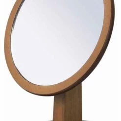 Promo 👏 Benjara Wooden Makeup Round Mirror With Pedestal Base, Brown And Silver 😀